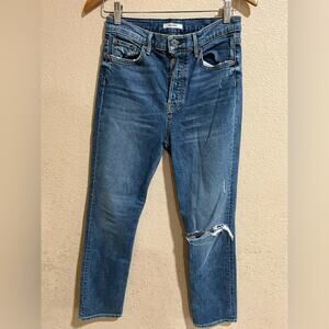 GRLFRND reed button fly distressed high rise slim leg jeans in sandblast 27